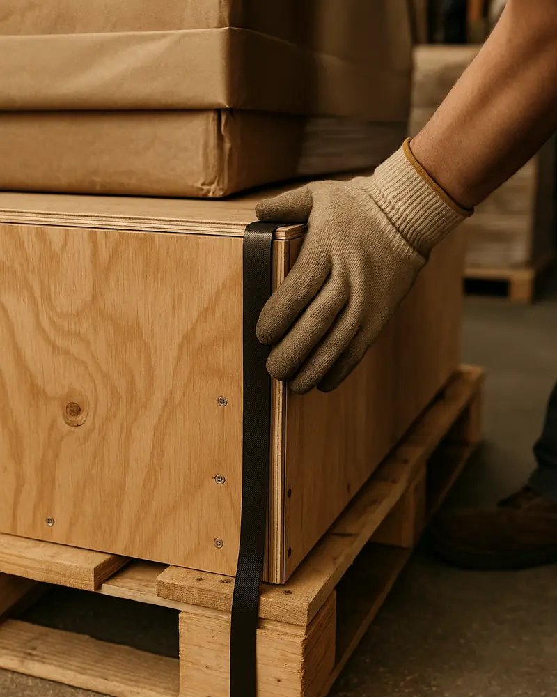 Corner of a plywood export crate with steel banding and screwed battens
